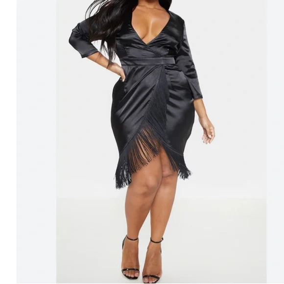 PrettyLittleThing | Dresses | Prettylittle Thing Black Satin Wrap Tassel Hm Midi  Dress | Poshmark